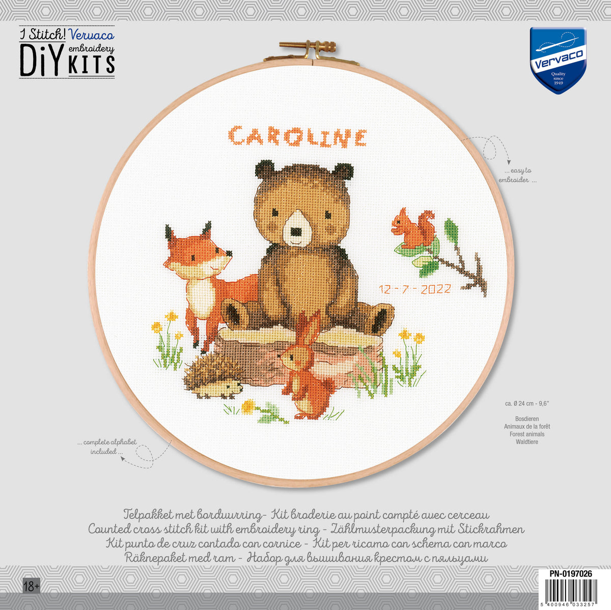 Forest animals cross stitch design in an embroidery hoop