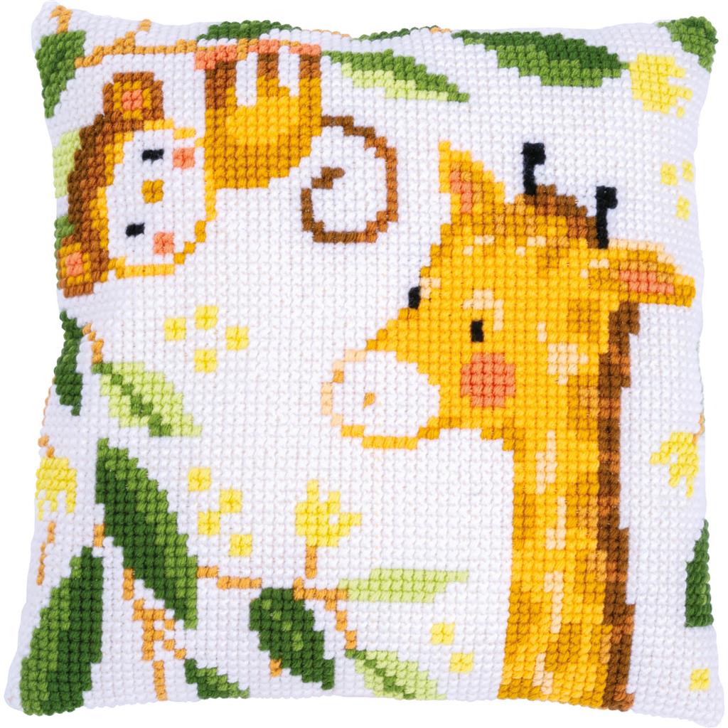 Square cushion stitched with jungle animals
