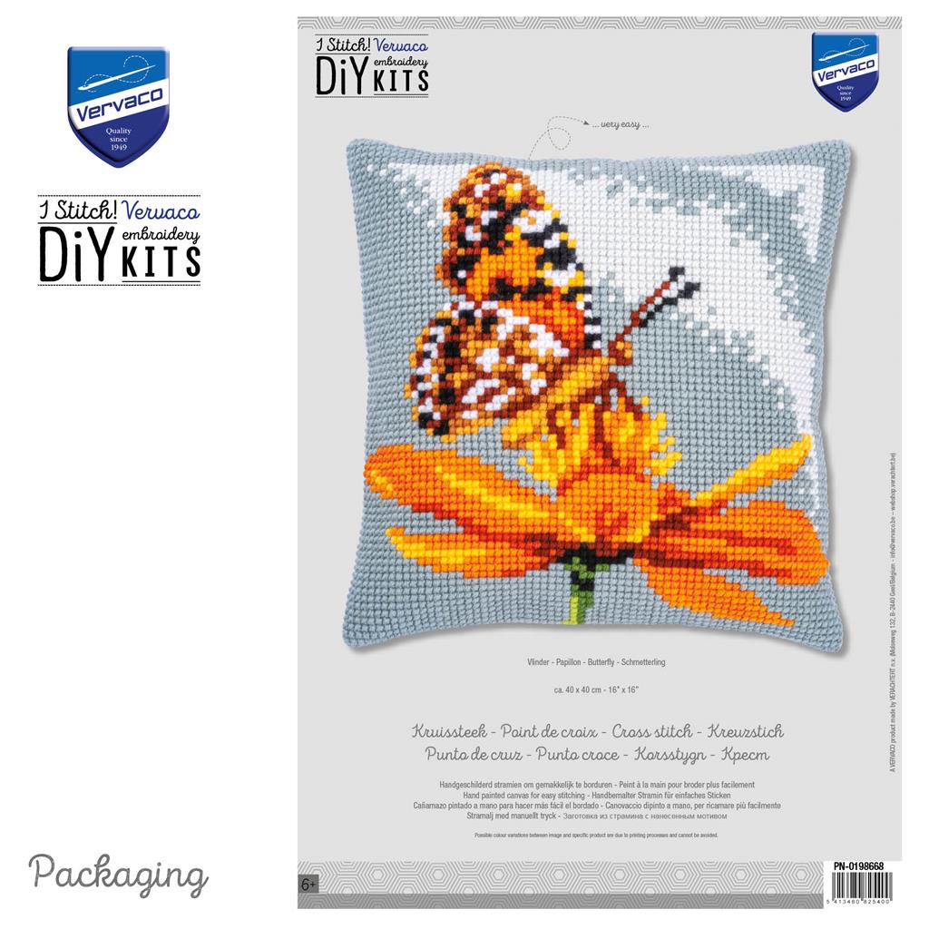 Square cushion stitched with a colourful butterfly