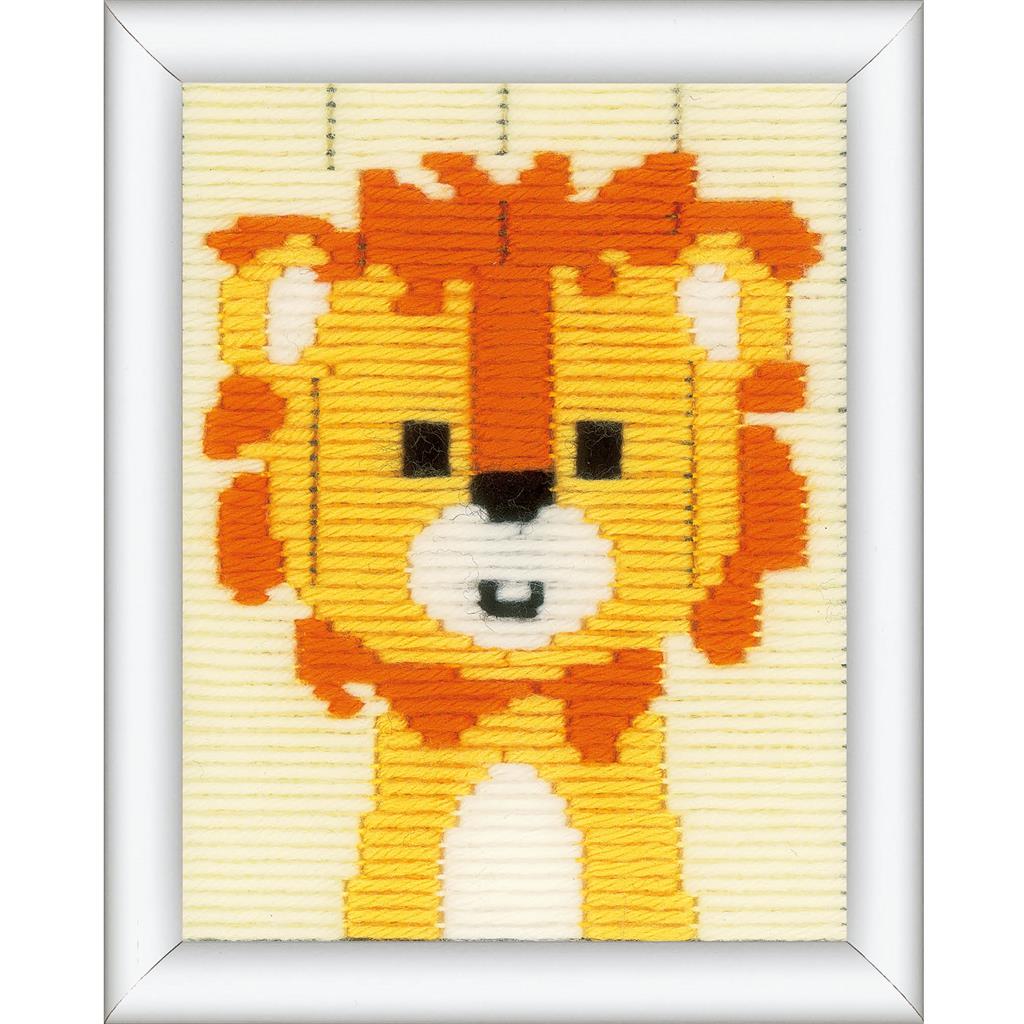 Finished cheeky lion long stitch picture from the Vervaco kit