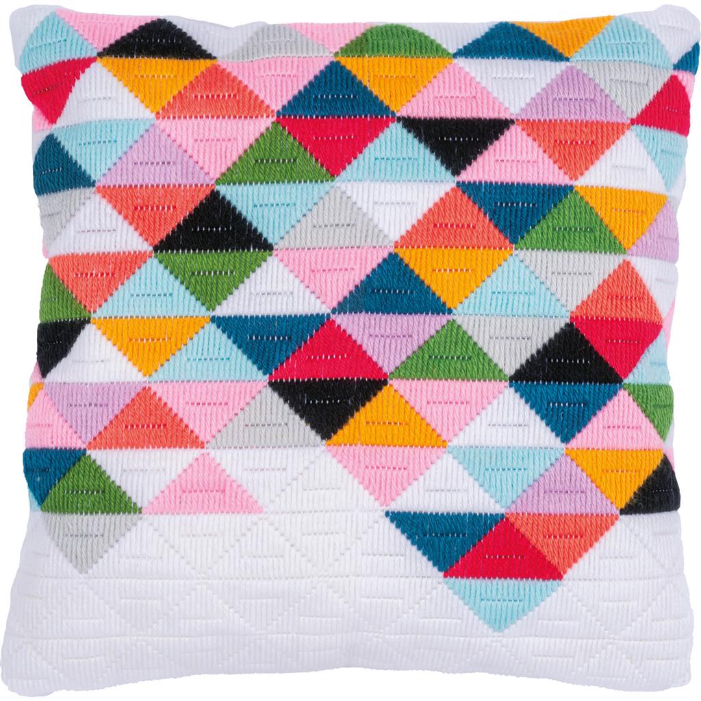Long stitch cushion with a geometric triangles pattern