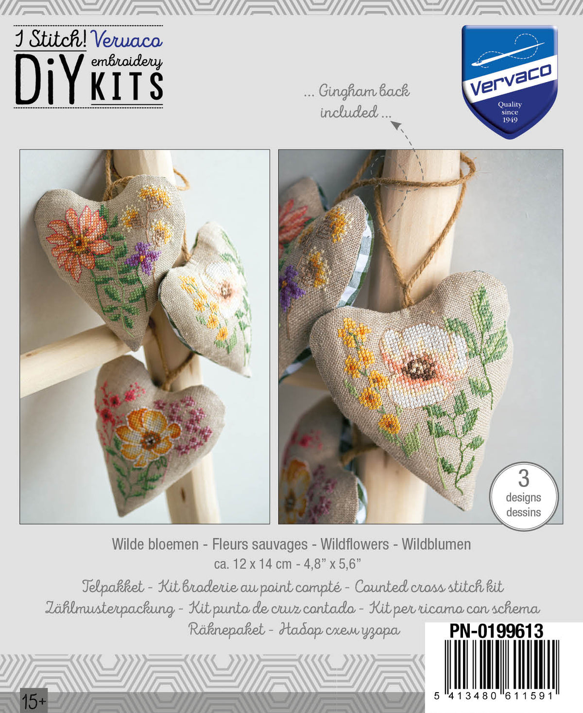 Three linen hearts with cross stitched wildflowers
