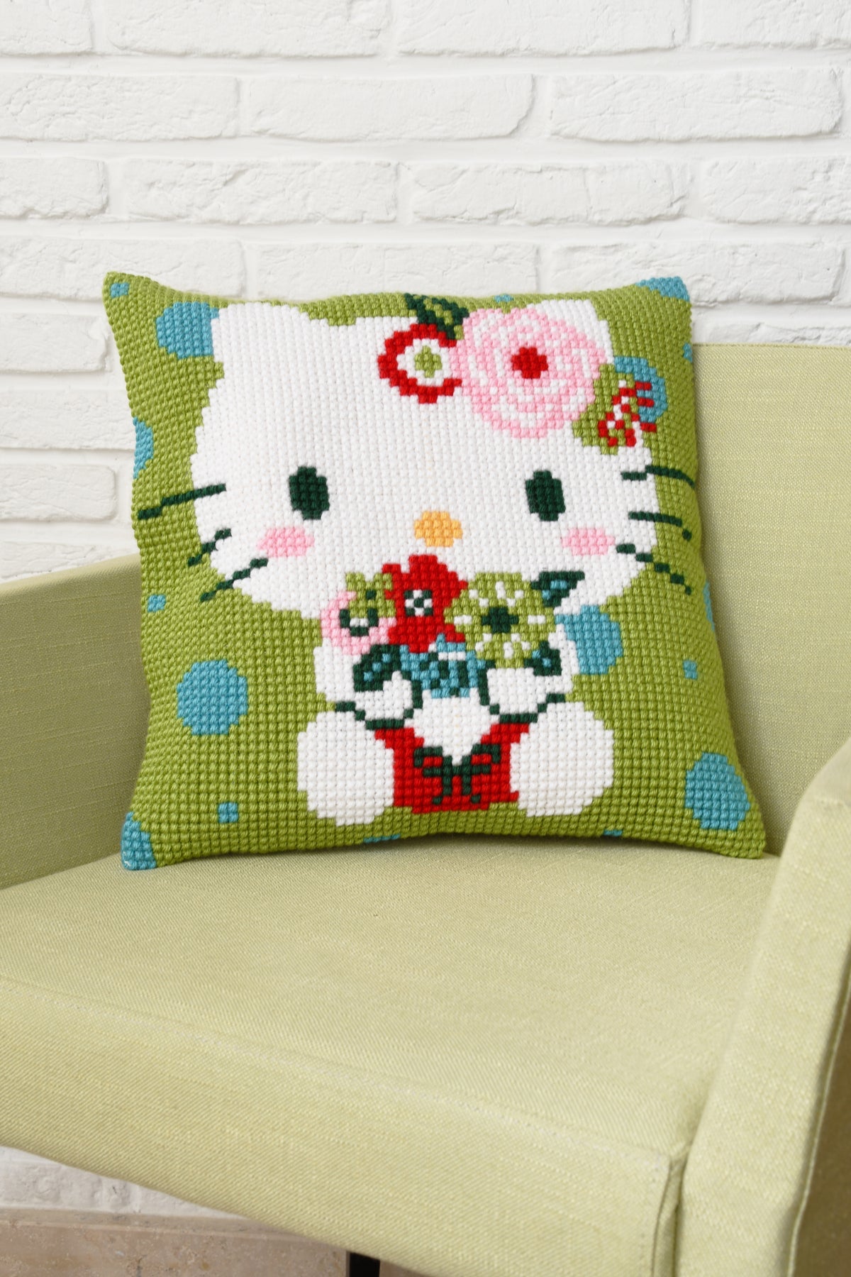 Hello Kitty green floral cross stitch cushion from Vervaco