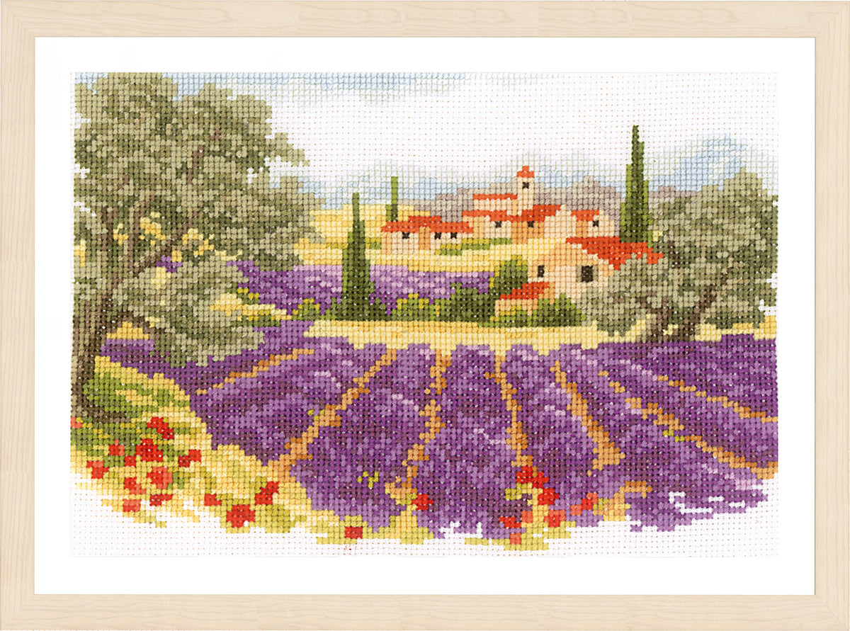 Cross stitched landscape of purple lavender fields