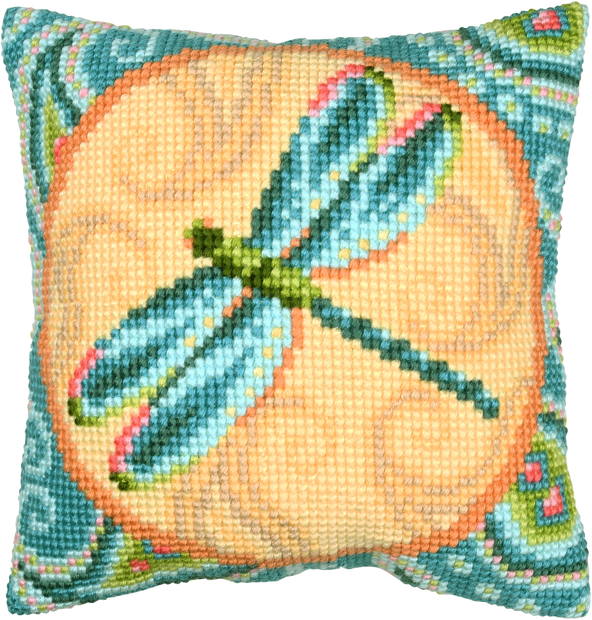 Cross stitched cushion with a large dragonfly design