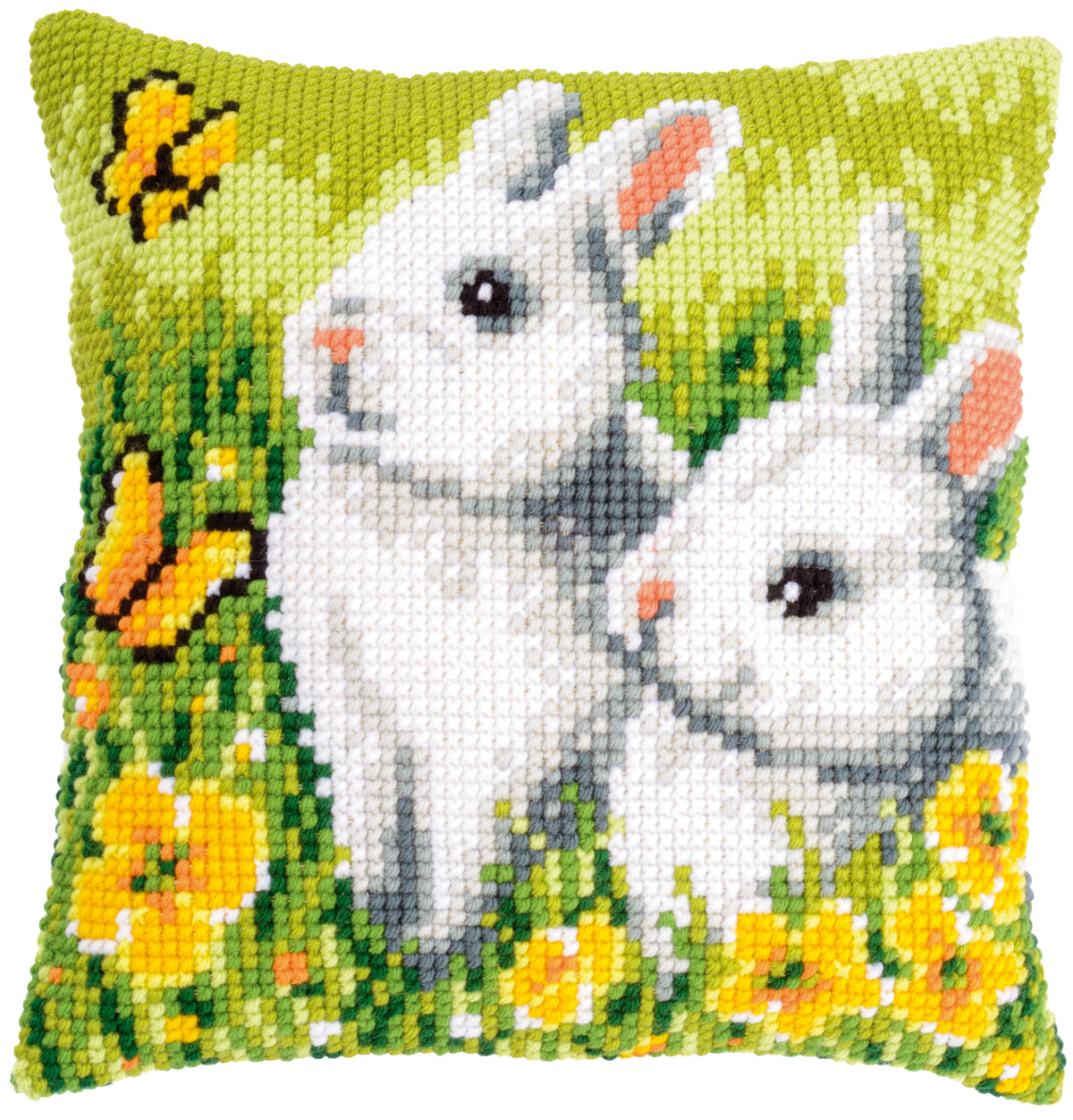 Cross stitch cushion with rabbits and butterflies design