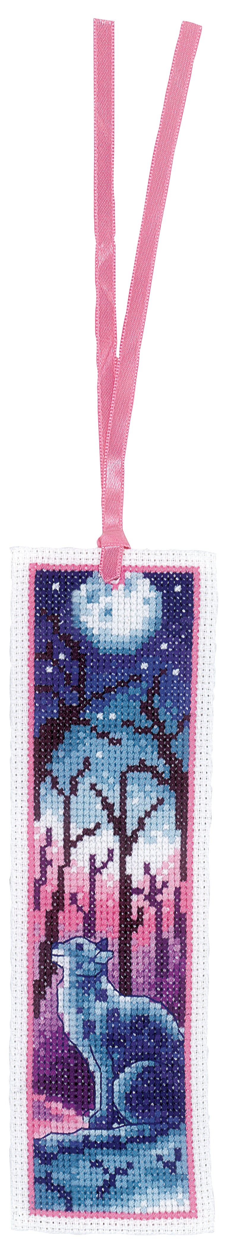 Two cross stitched bookmarks with a cat and a deer