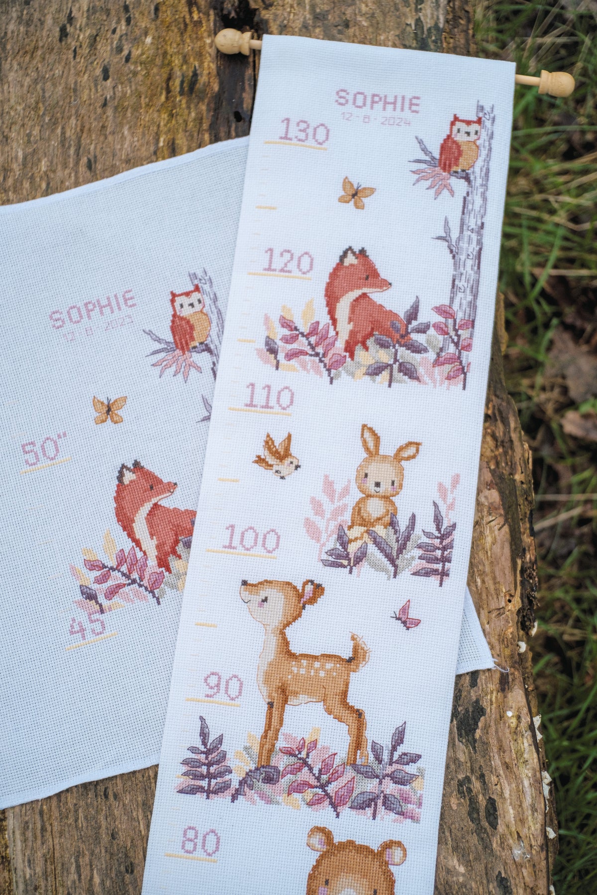Cross stitch height chart with woodland animals
