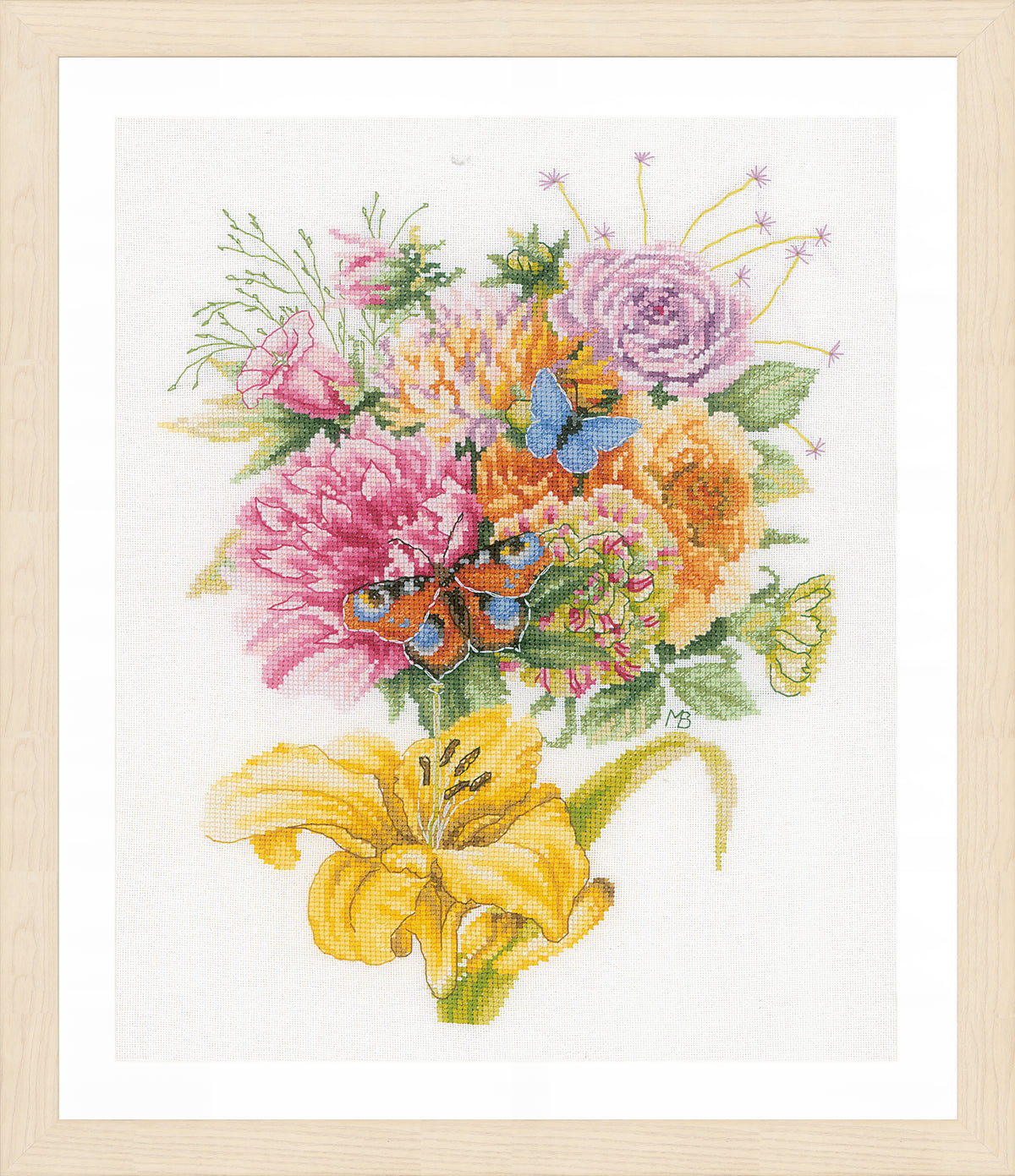 Cross stitched picture of butterflies on flowers