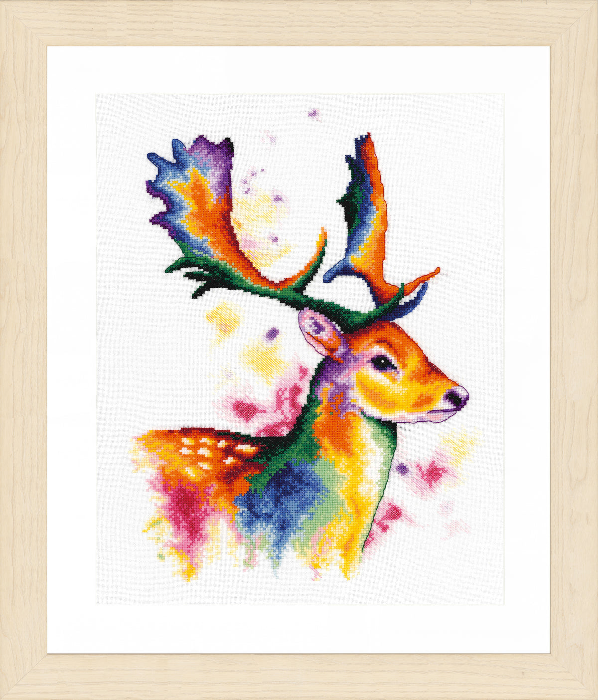 Cross stitched deer head in bright rainbow colours