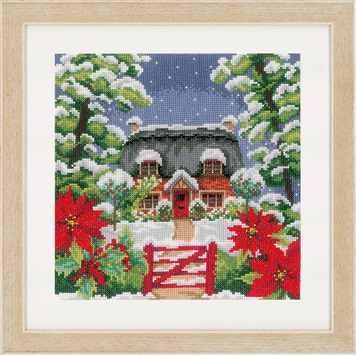 Square cross stitch of a winter scene