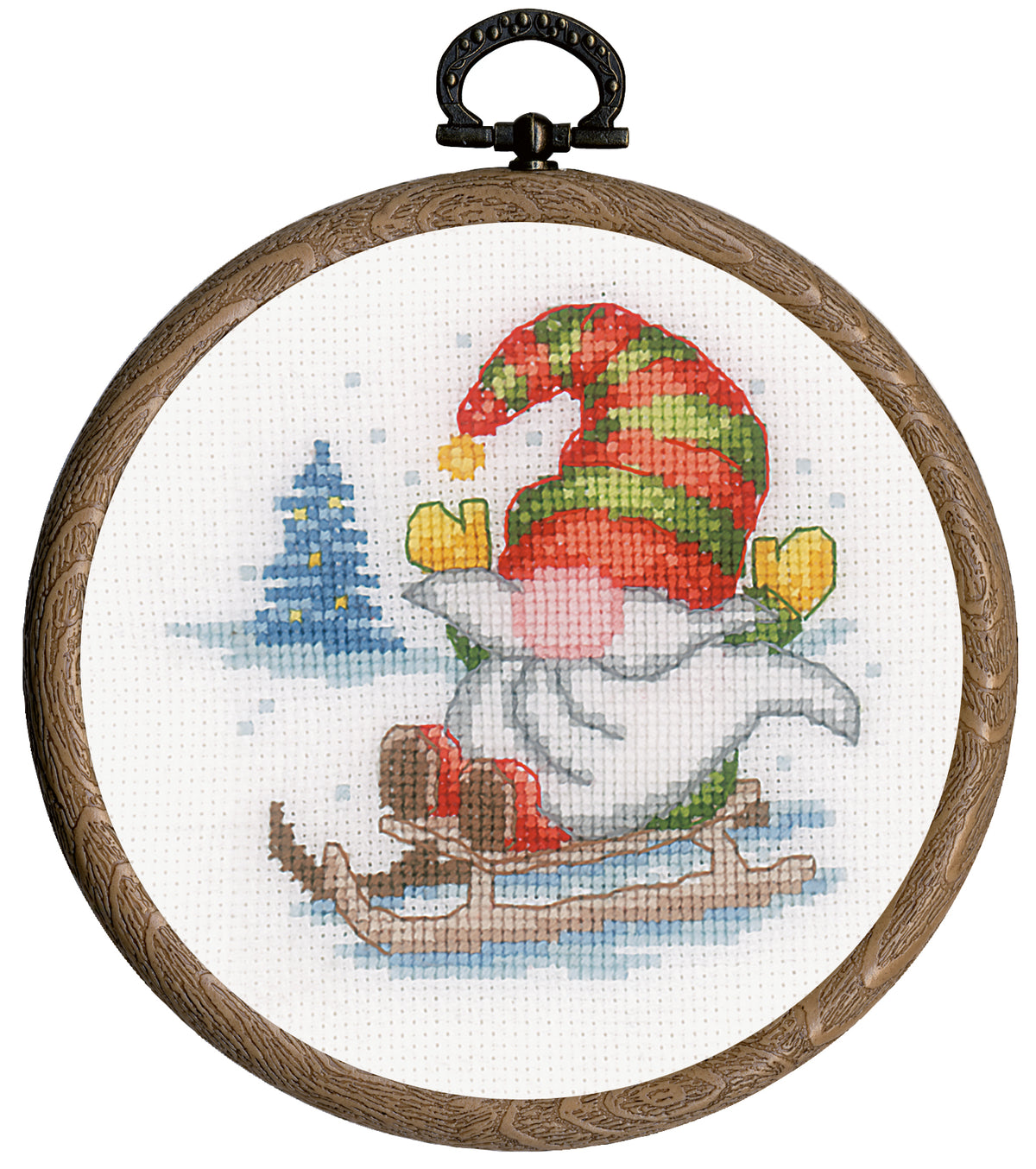 Three miniature cross stitch gnomes