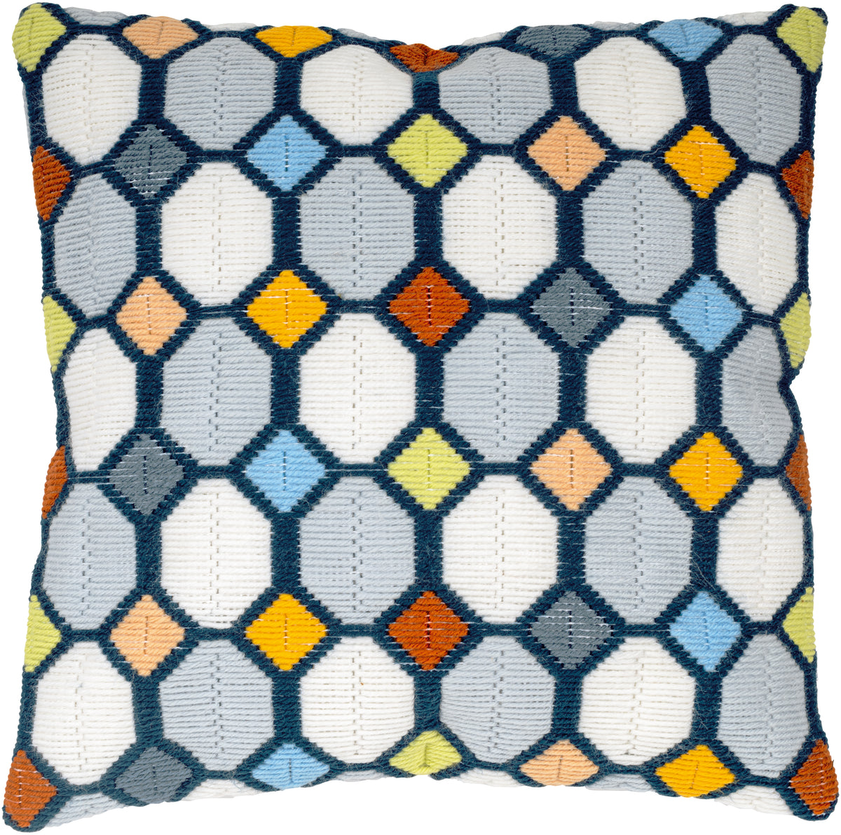 Vervaco Checkered long stitch cushion kit showing the finished cushion