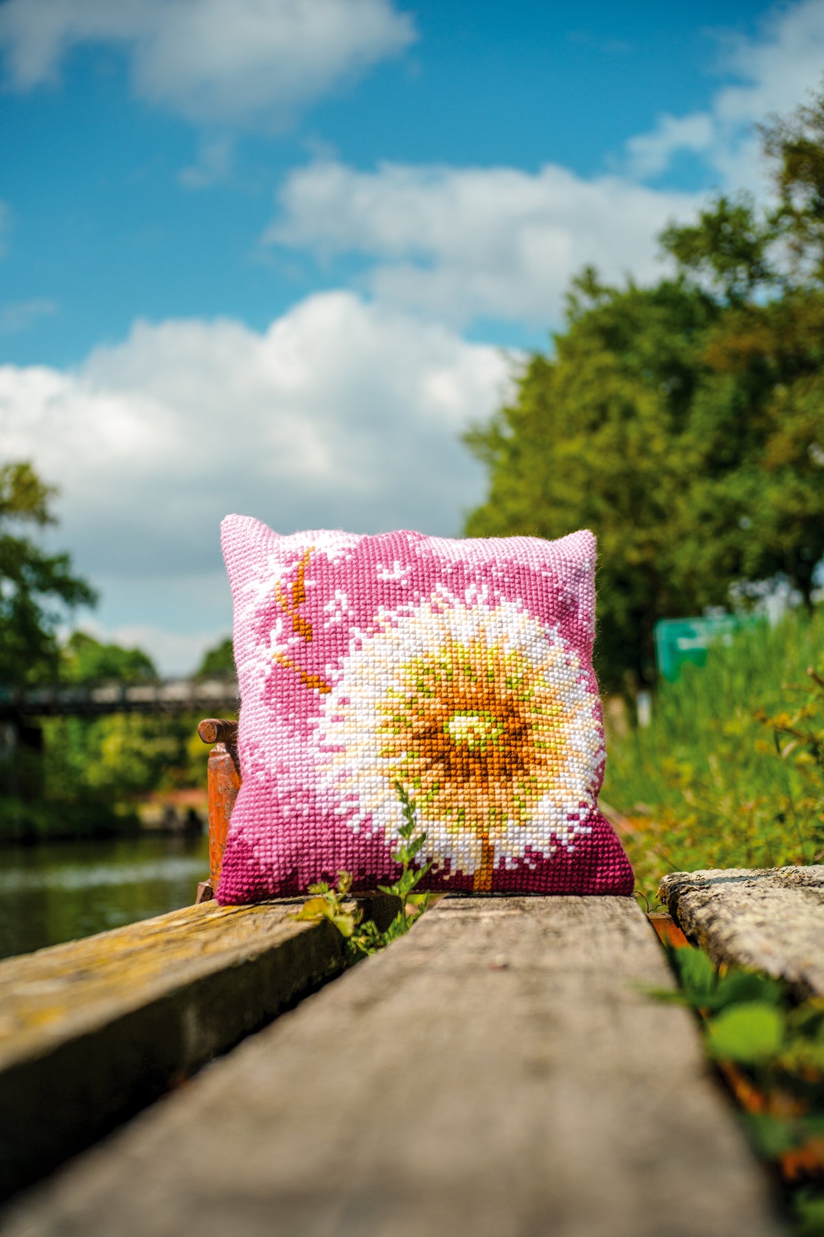 Vervaco Fluff Flower cross stitch cushion kit showing the finished cushion
