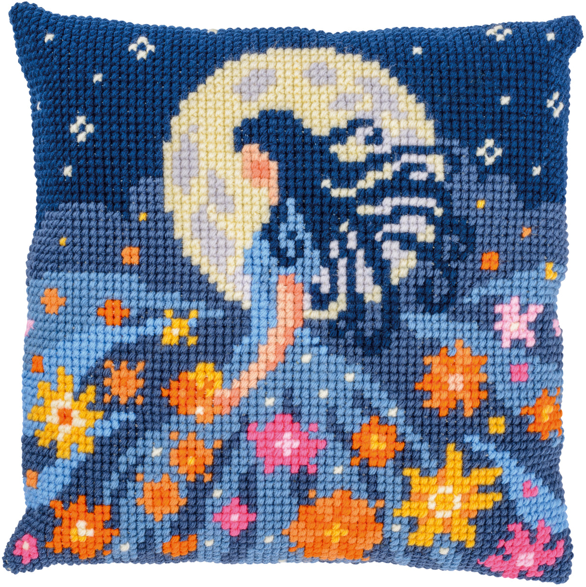 Square cushion cross stitched with a girl and the moon