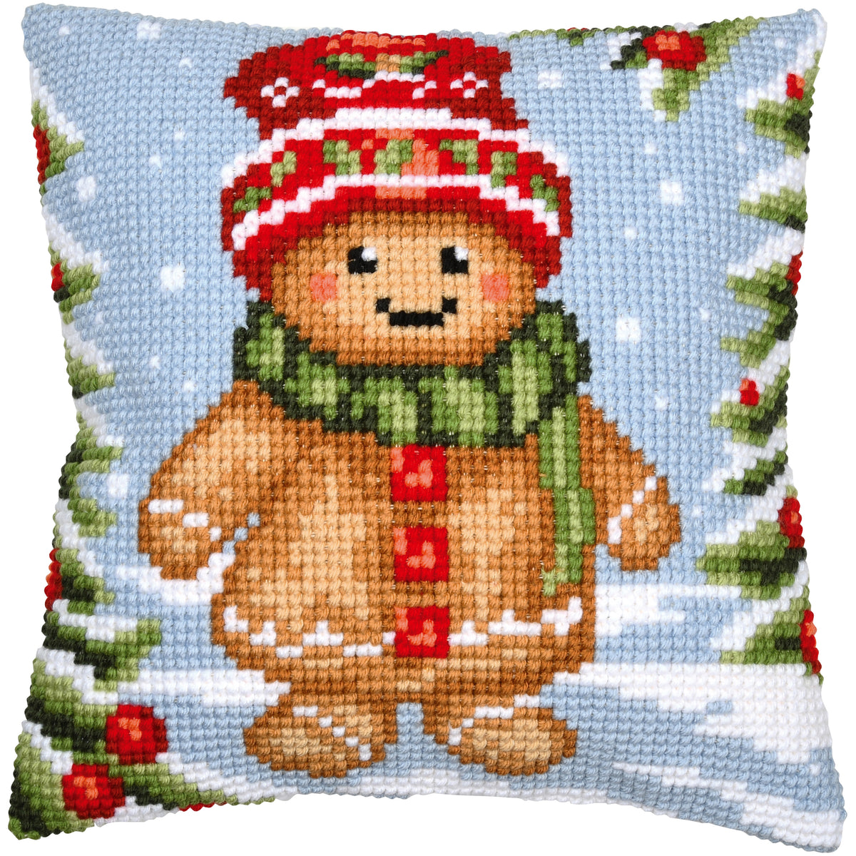 Square cushion cross stitched with a gingerbread man