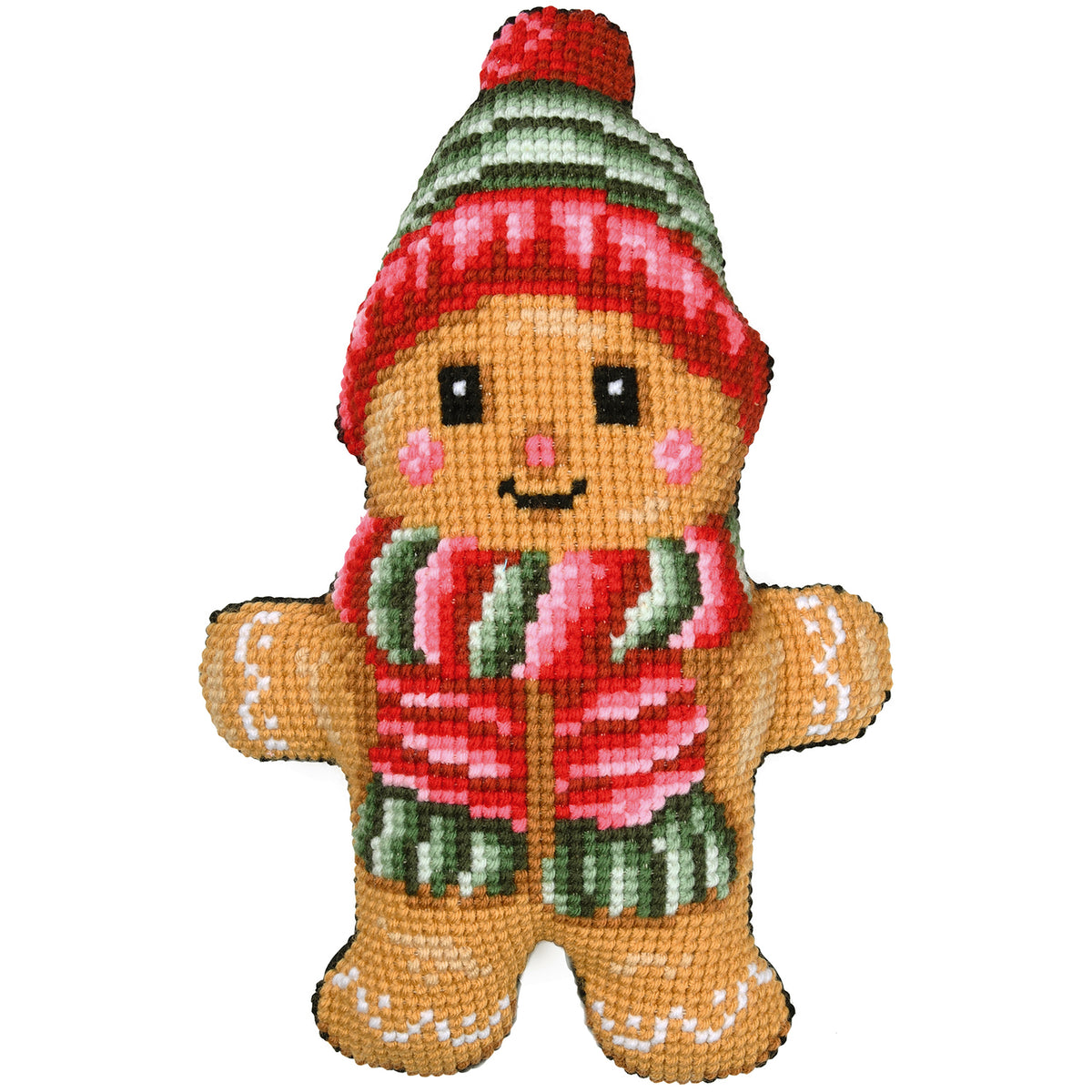 Gingerbread man shaped cross stitch cushion
