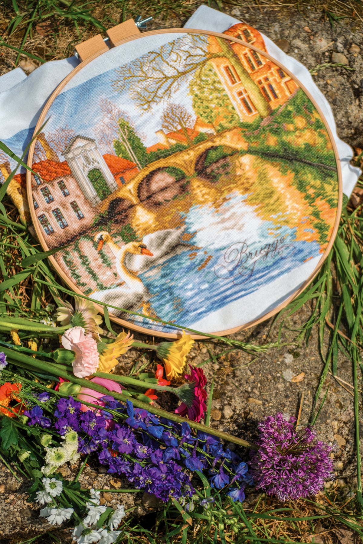 Cross stitch picture of swans on a canal in Bruges