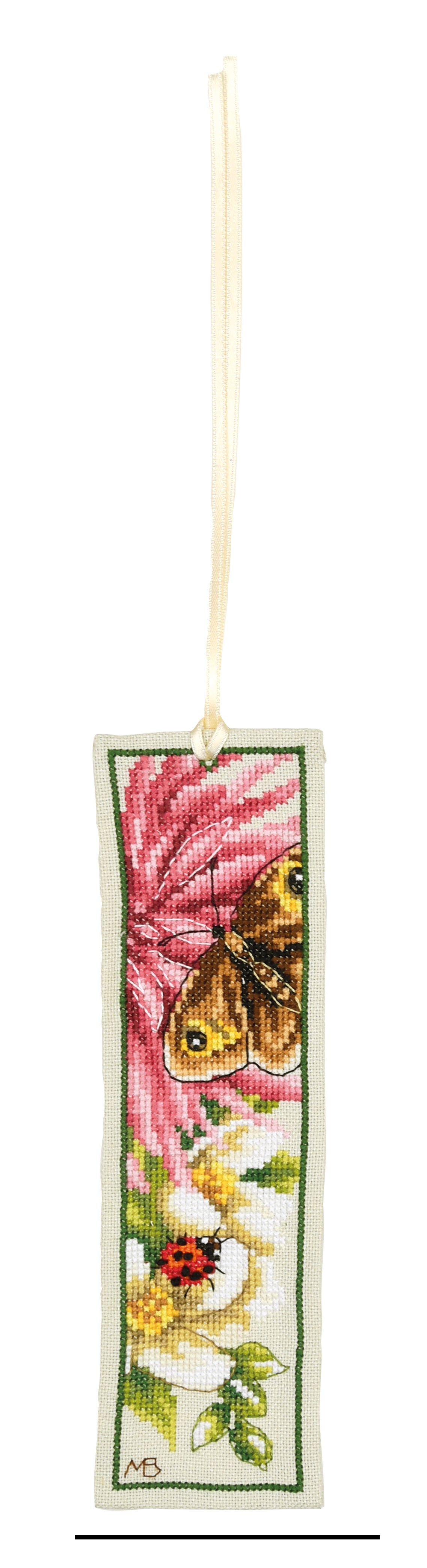 Two cross stitched bookmarks with pink dahlia flowers