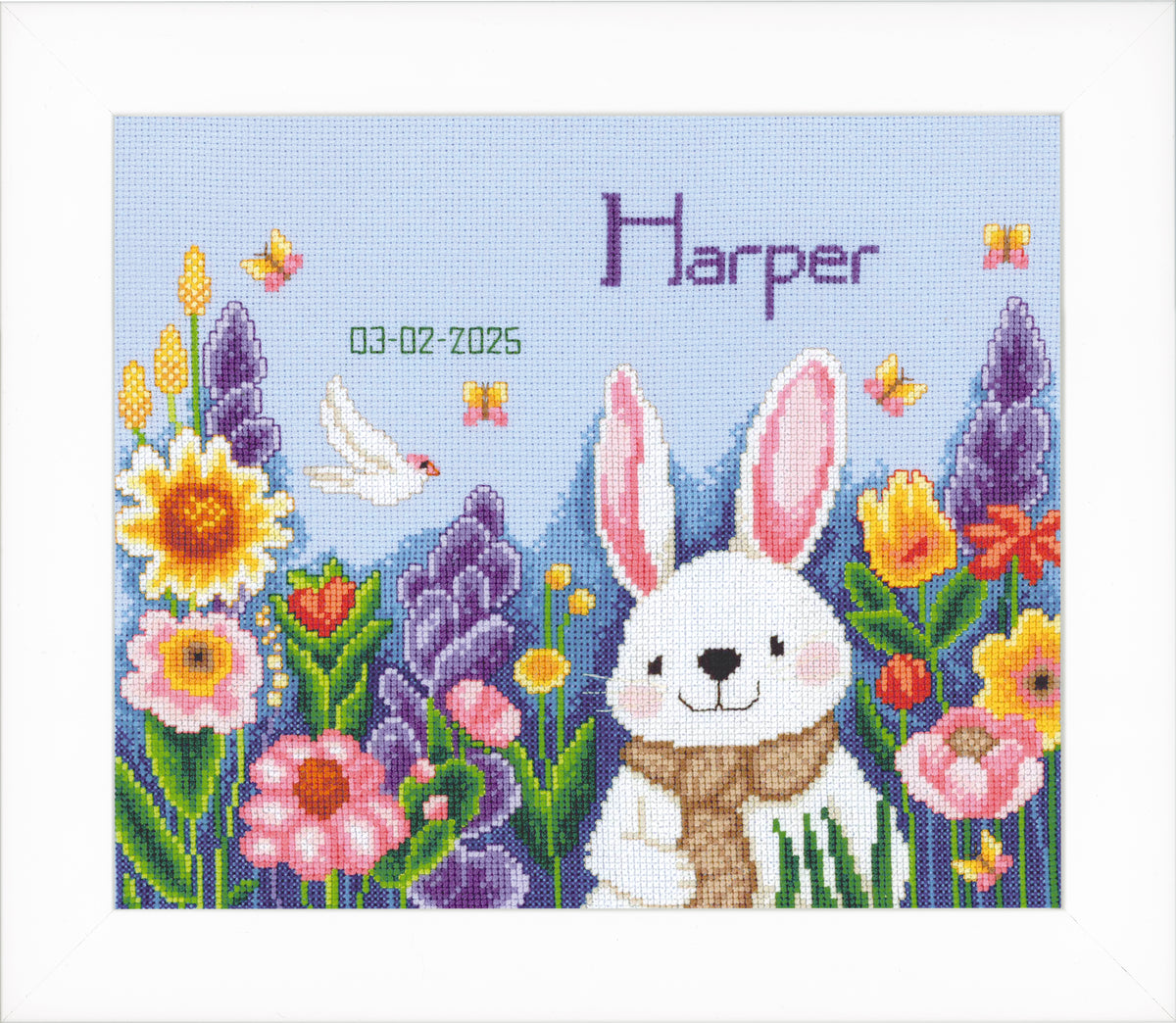 Vervaco birth record cross stitch kit with rabbit in a garden