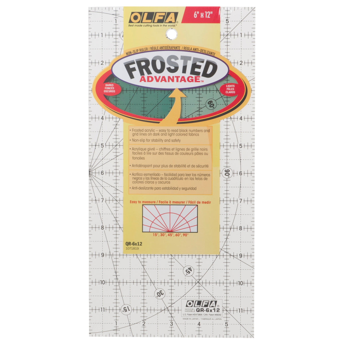 Rectangular frosted Olfa quilting ruler with black grid