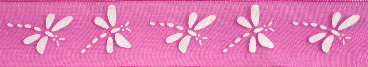 Sheer hot pink organdie ribbon with white dragonfly pattern