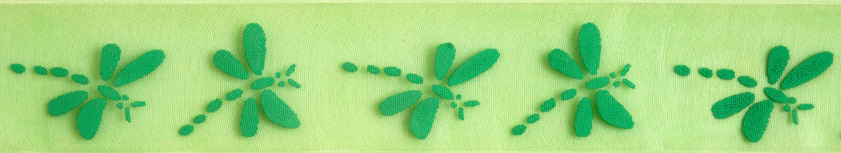 Sheer green organdie ribbon with green dragonfly pattern