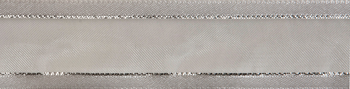Reel of white organdie ribbon with silver line edging