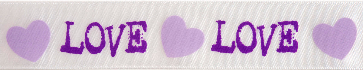 Reel of white ribbon printed with love and hearts in purple