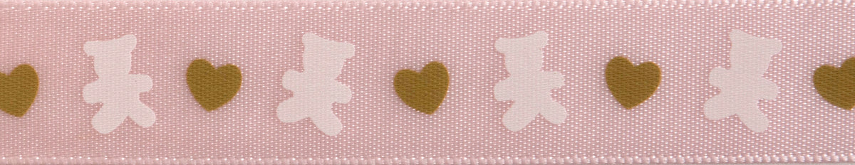 Close-up of teddy bear print ribbon in white & tan on baby pink