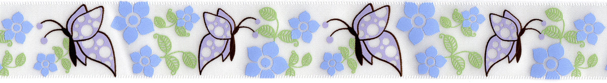 Reel of purple and white satin ribbon with butterfly design