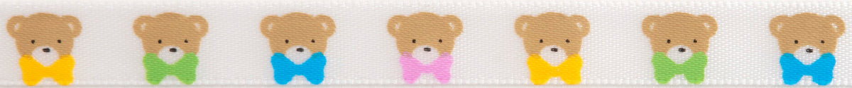 White satin ribbon printed with multicoloured teddies