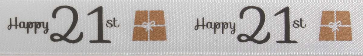 Gold and grey satin ribbon printed Happy 21st