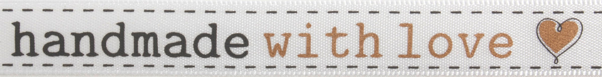 Grey satin ribbon printed with Handmade with Love in gold
