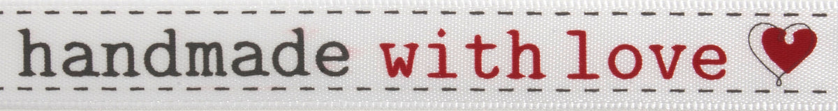 Satin ribbon printed with Handmade with Love in red and grey