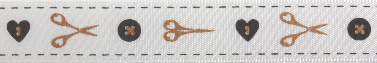 Grey satin ribbon printed with gold buttons and scissors