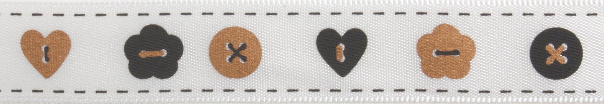 Grey satin ribbon printed with gold buttons