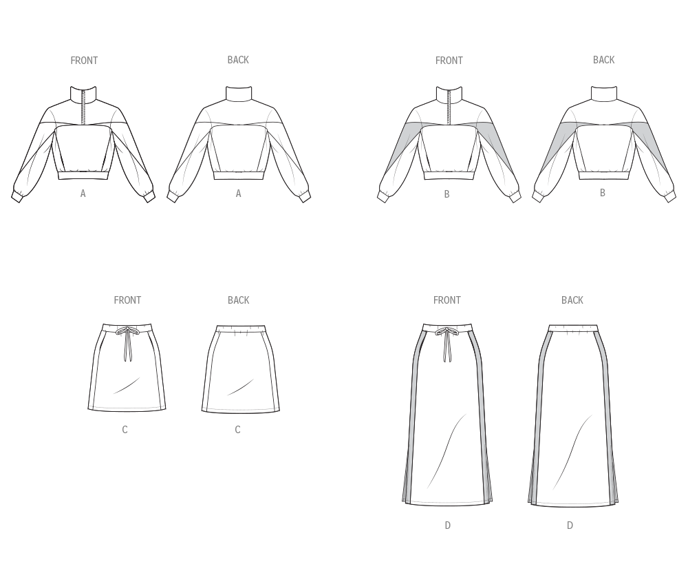 Simplicity S3035 sewing pattern envelope showing tracksuit-style tops & skirts designs