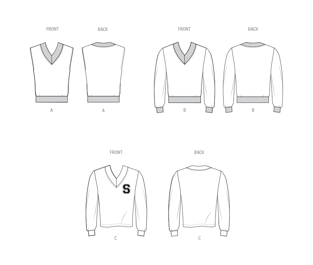 Simplicity S3040 sewing pattern envelope showing unisex v-neck top & waistcoat designs