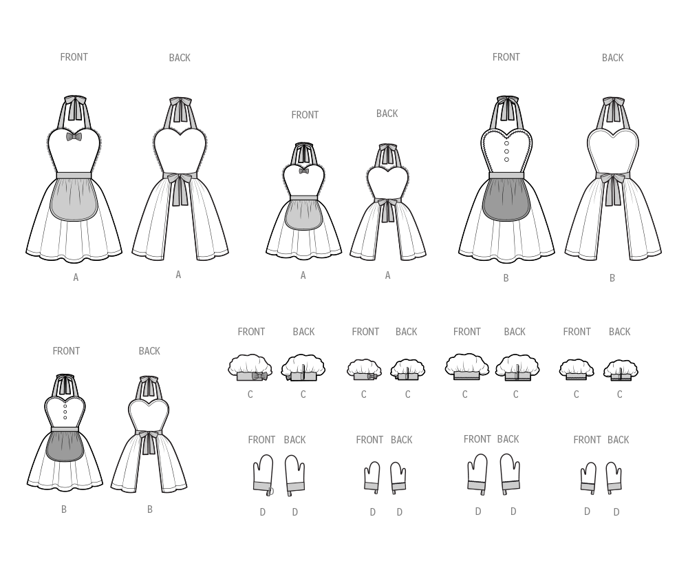 Simplicity S3050 sewing pattern envelope showing aprons with a full skirt and contrast overskirt