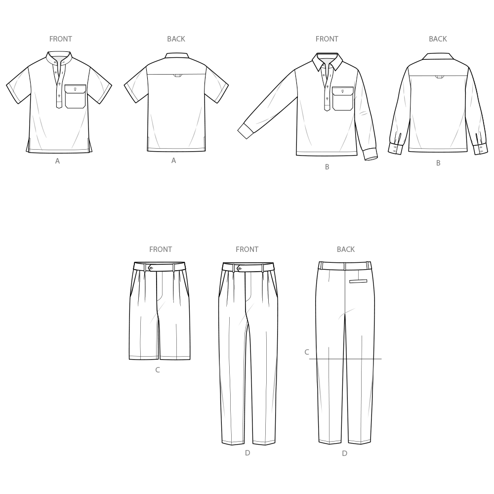 Simplicity S3076 sewing pattern envelope showing a men's and boys' half-placket shirt