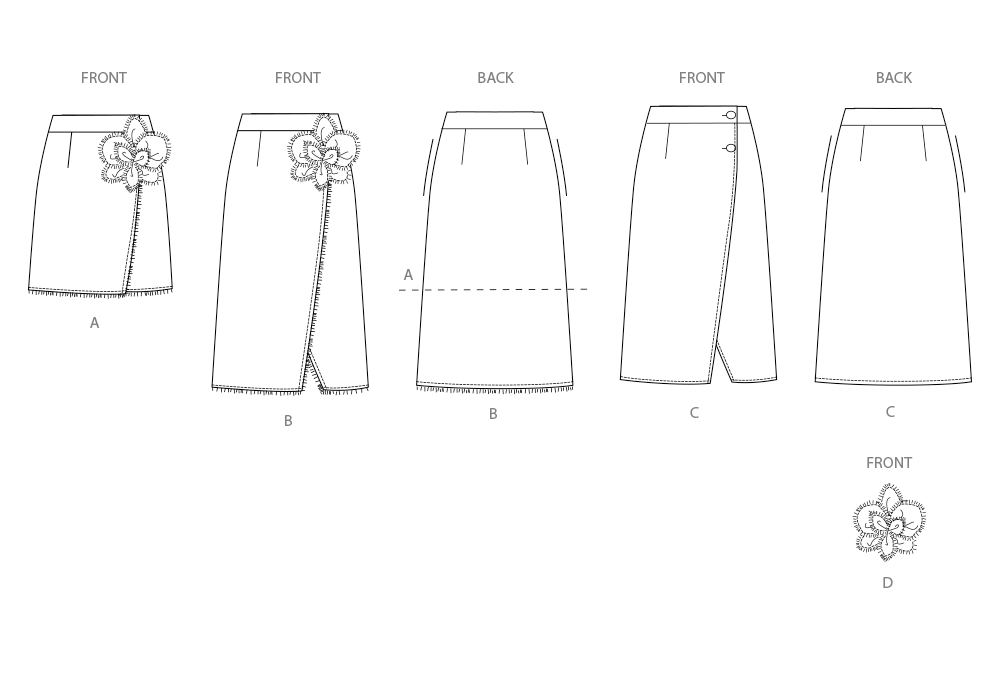 Simplicity S3104 sewing pattern envelope showing a wrap skirt with a detachable 3D flower