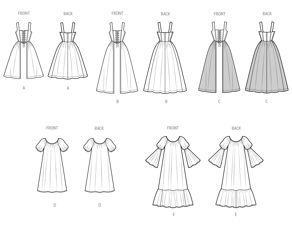 Simplicity S3127 pattern envelope showing women in lace-up bodice costume dresses