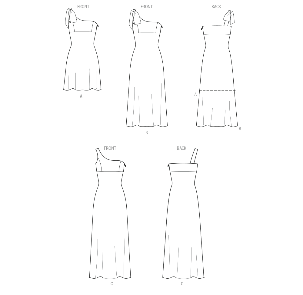 Simplicity S3165 pattern envelope showing a one-shoulder dress in three lengths
