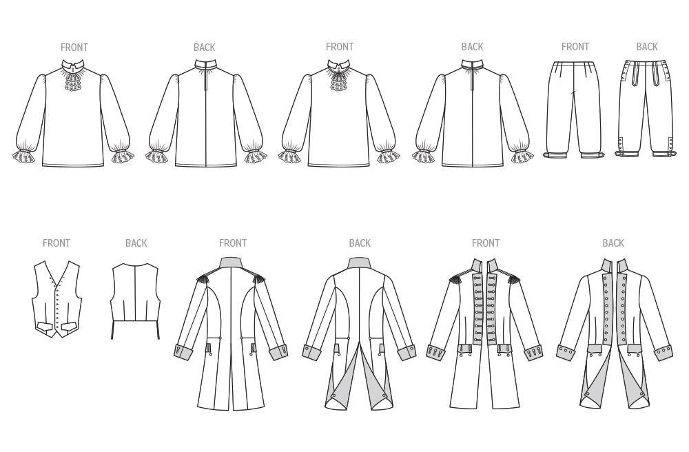 Simplicity S3227 costume pattern envelope showing men's colonial coats, waistcoats and breeches
