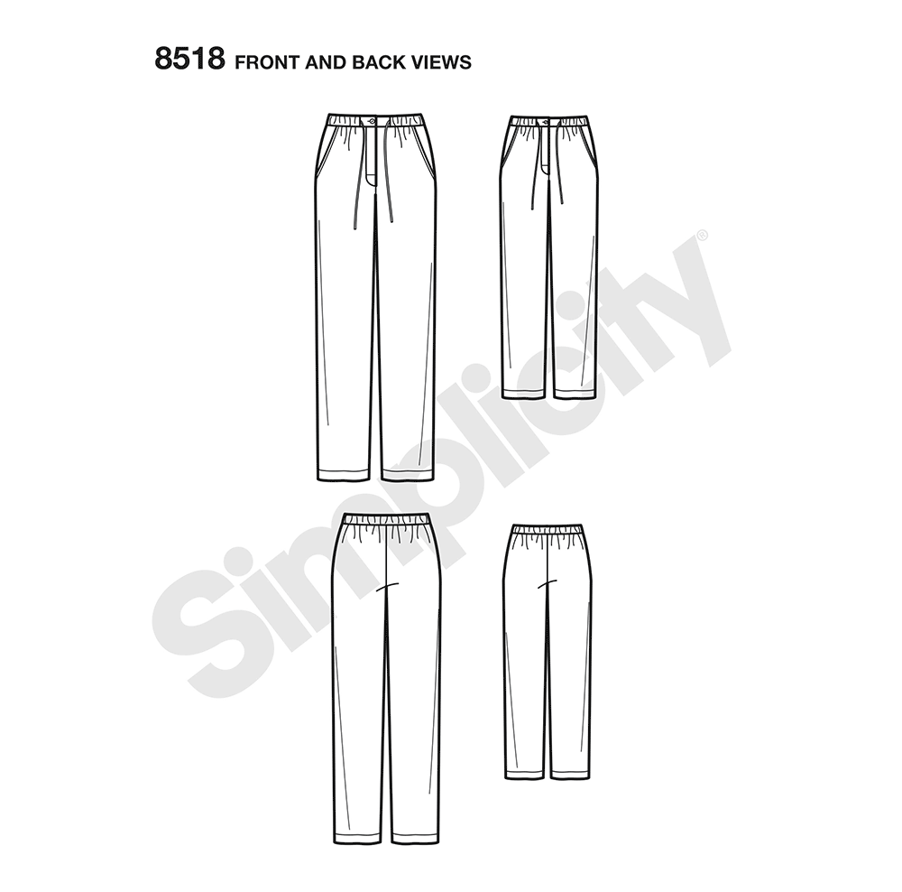 Simplicity S8518 sewing pattern envelope showing lounge trousers