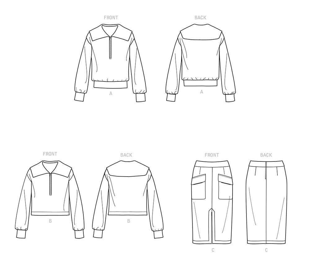 Simplicity S9182 sewing pattern envelope showing half zip knit top and slim skirt