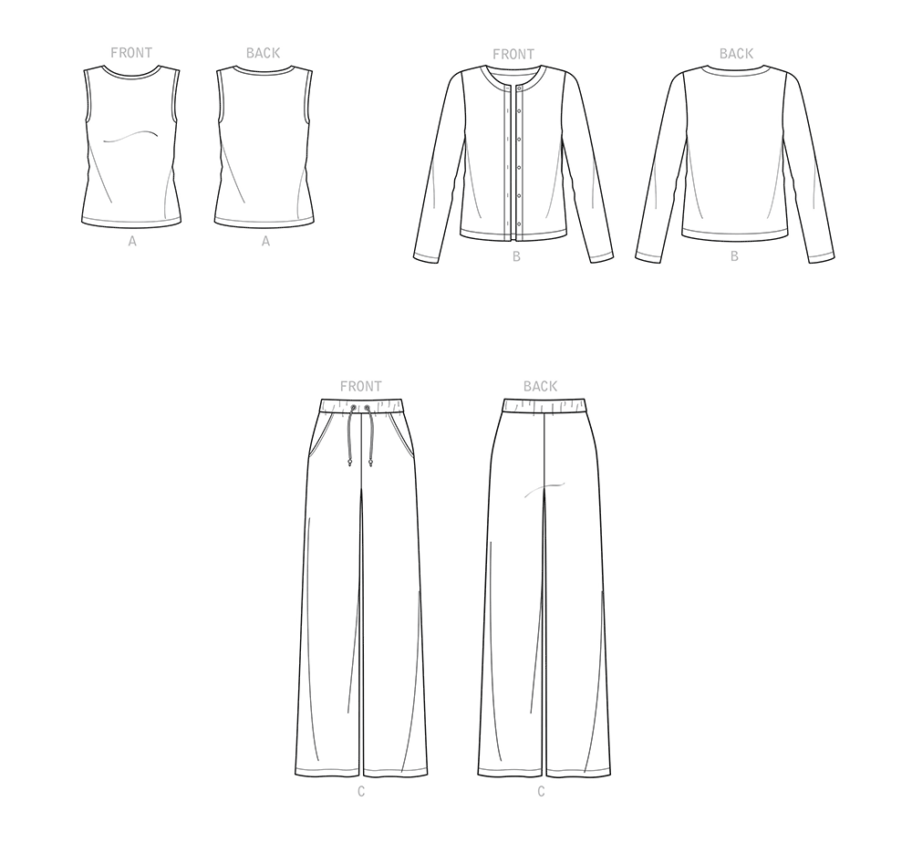 Simplicity sewing pattern S9272 envelope showing a knit cardigan, top and trousers