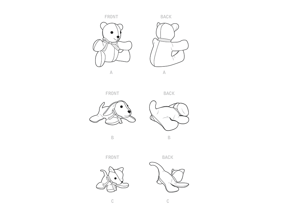 Simplicity S9360 sewing pattern envelope showing plush bear, puppy and kitten soft toys
