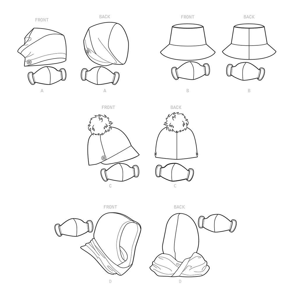 Simplicity S9368 sewing pattern envelope showing matching hats, hooded infinity scarf and masks